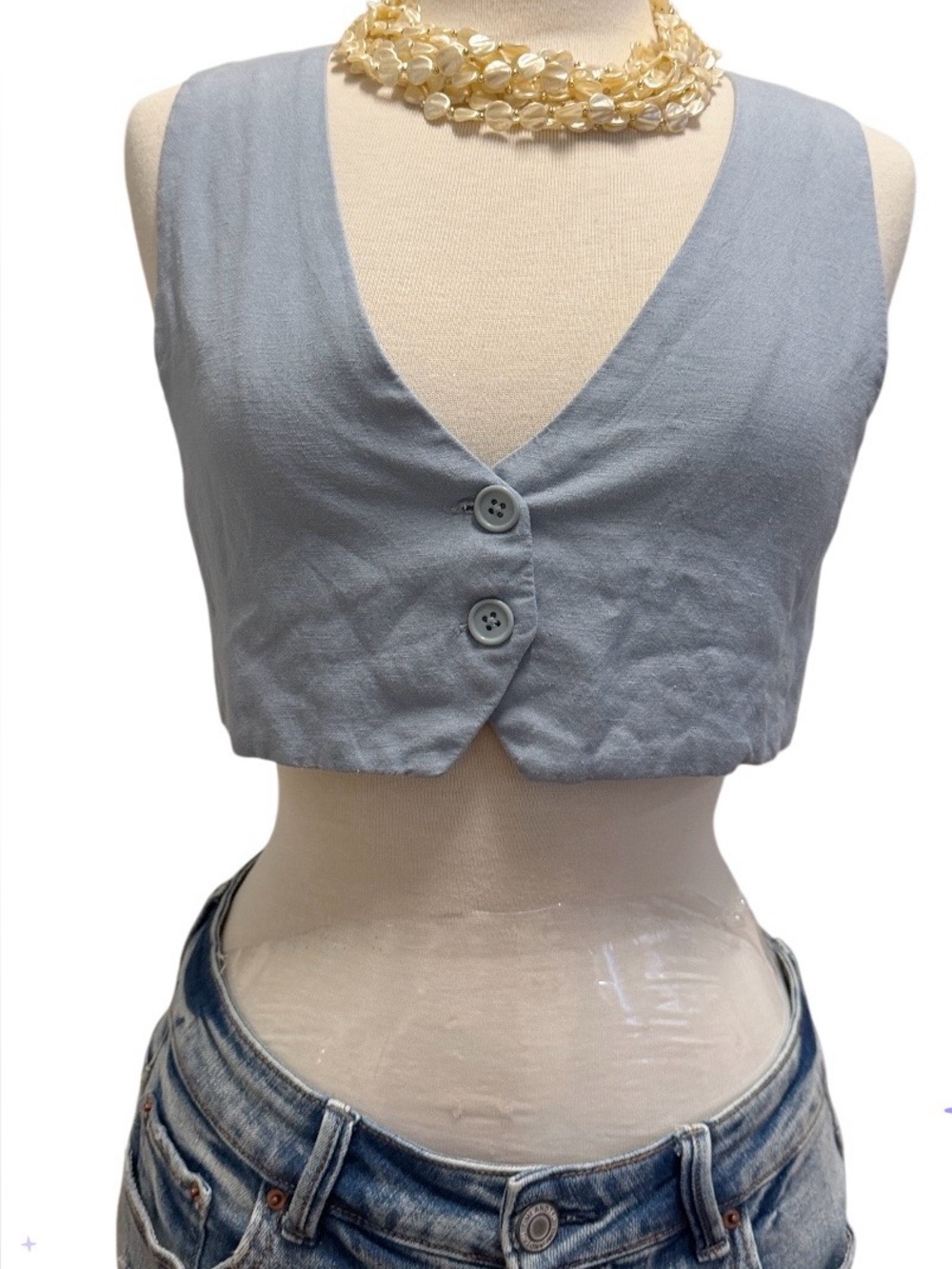 La Hearts Pale Blue Cropped V-Neck Button Vest